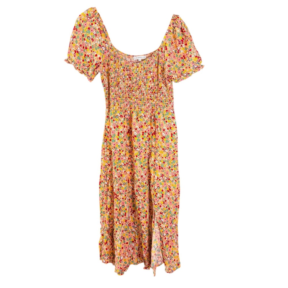 Miss Sparkling Floral Smocked Midi Dress L Puff Sleeve Cottagecore Boho